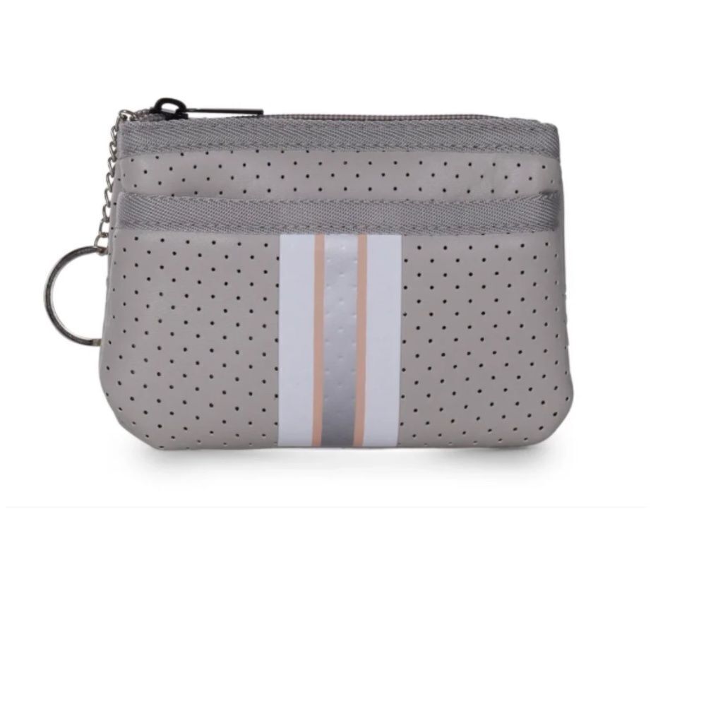 Coated Neoprene Card Case with Keyring - NWT - Gray with Peach & White Stripe